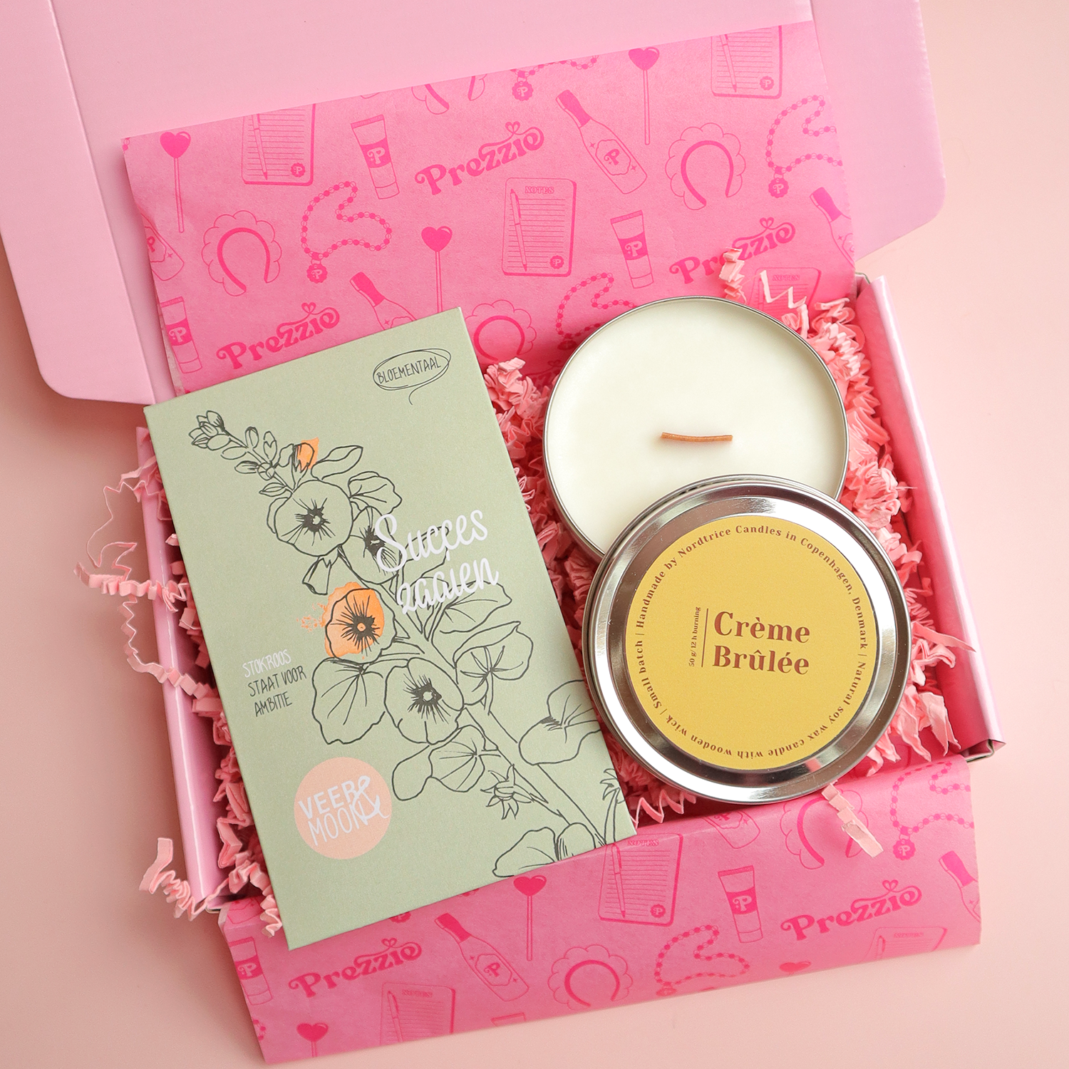 Mini brievenbus cadeaubox met crème brûlée geurkaars en succes zaaien kaart