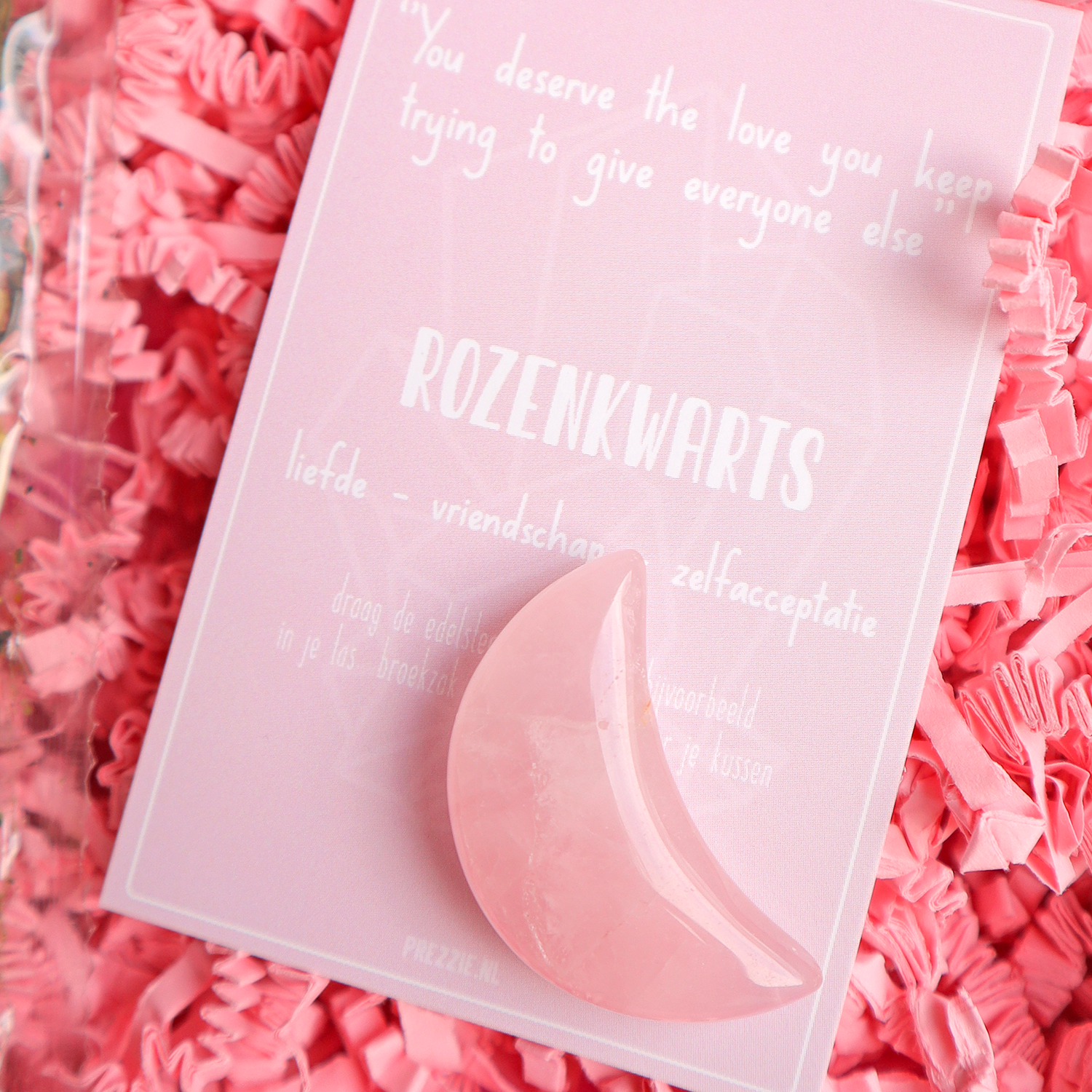 Mini brievenbuscadeau met rozenkwarts maansteen en Healthy Ginger thee in roze Prezzie doos
