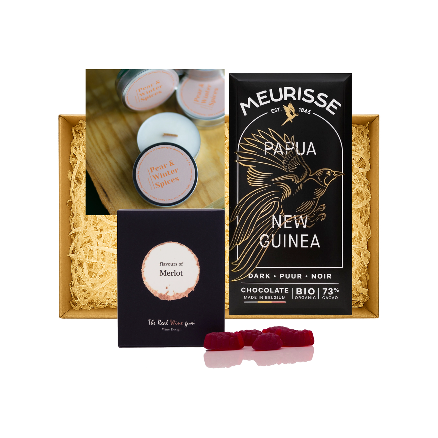 Donker & Stijlvol luxe brievenbus kerstpakket met pure chocolade, Merlot-wijngums en wintergeurkaars