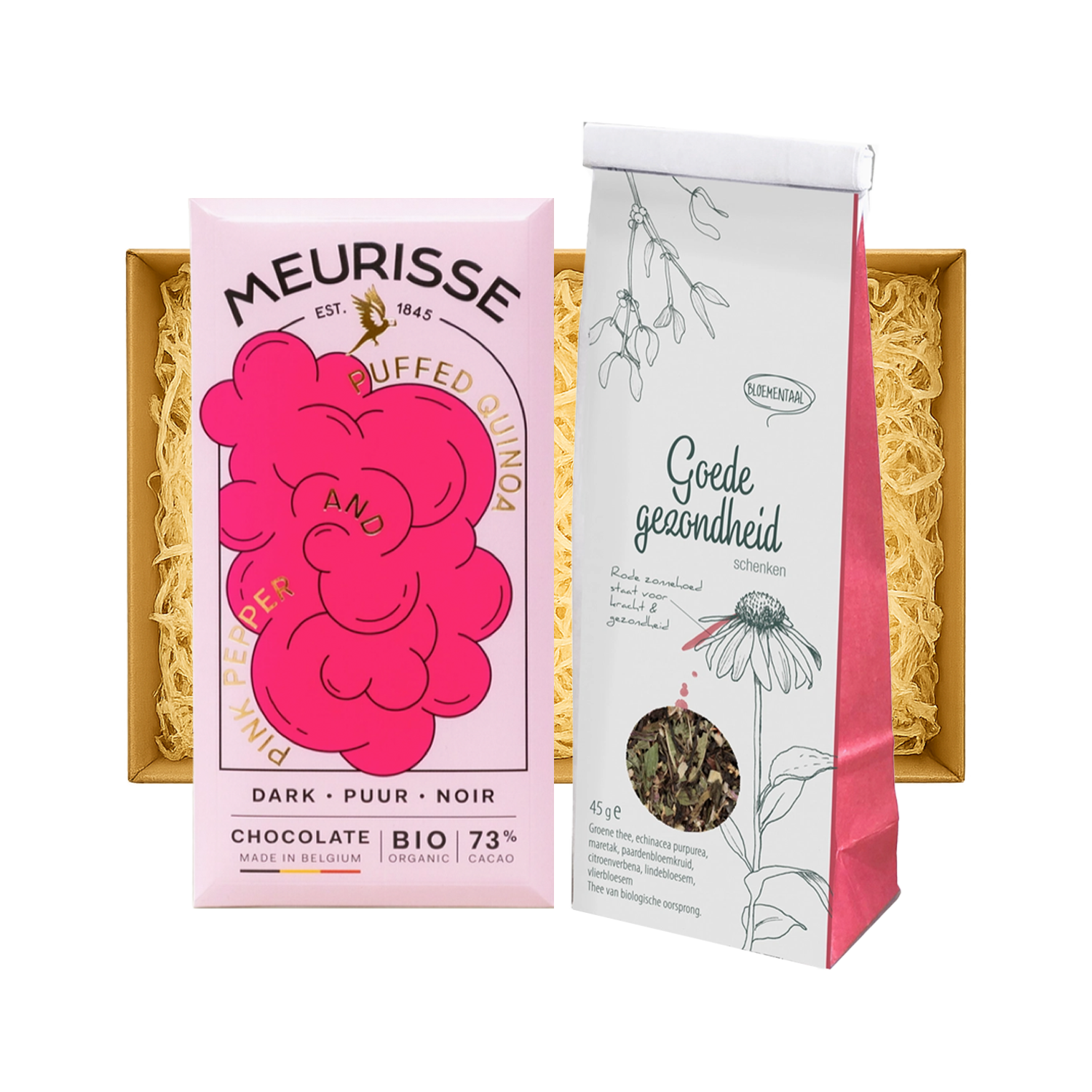 Brievenbus kerstpakket Roze Momentje met roze Meurisse chocolade en kruidenthee Goede Gezondheid