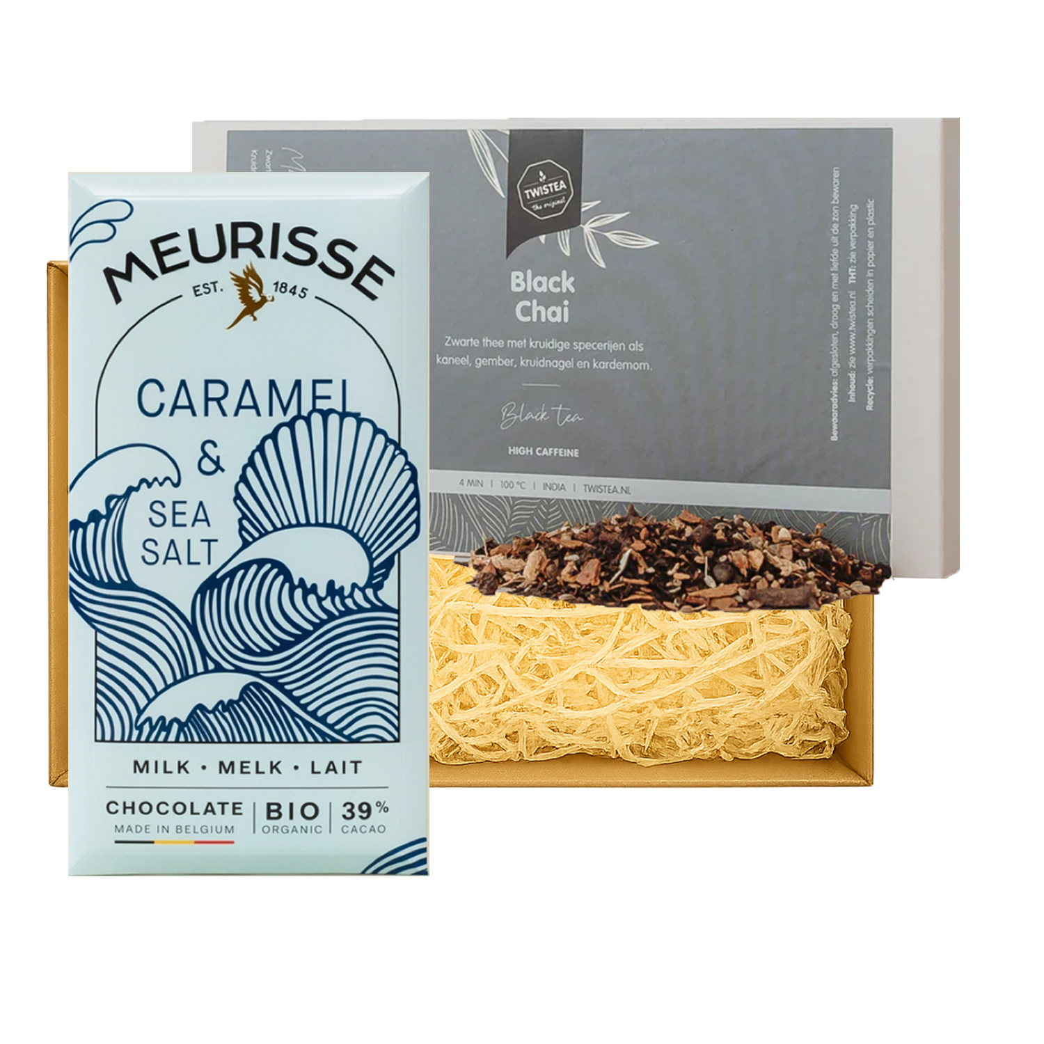 Brievenbus kerstpakket Rust & Pittigheid met chai-thee van Twistea en karamel-zeezout chocolade van Meurisse