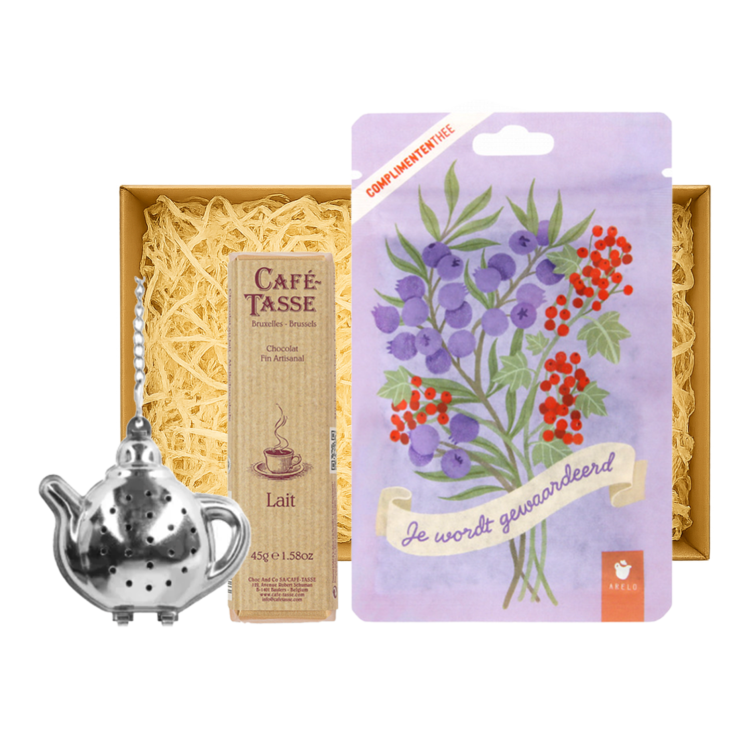 Brievenbus kerstcadeau met complimententhee, thee-ei en melkchocolade | Je wordt gewaardeerd