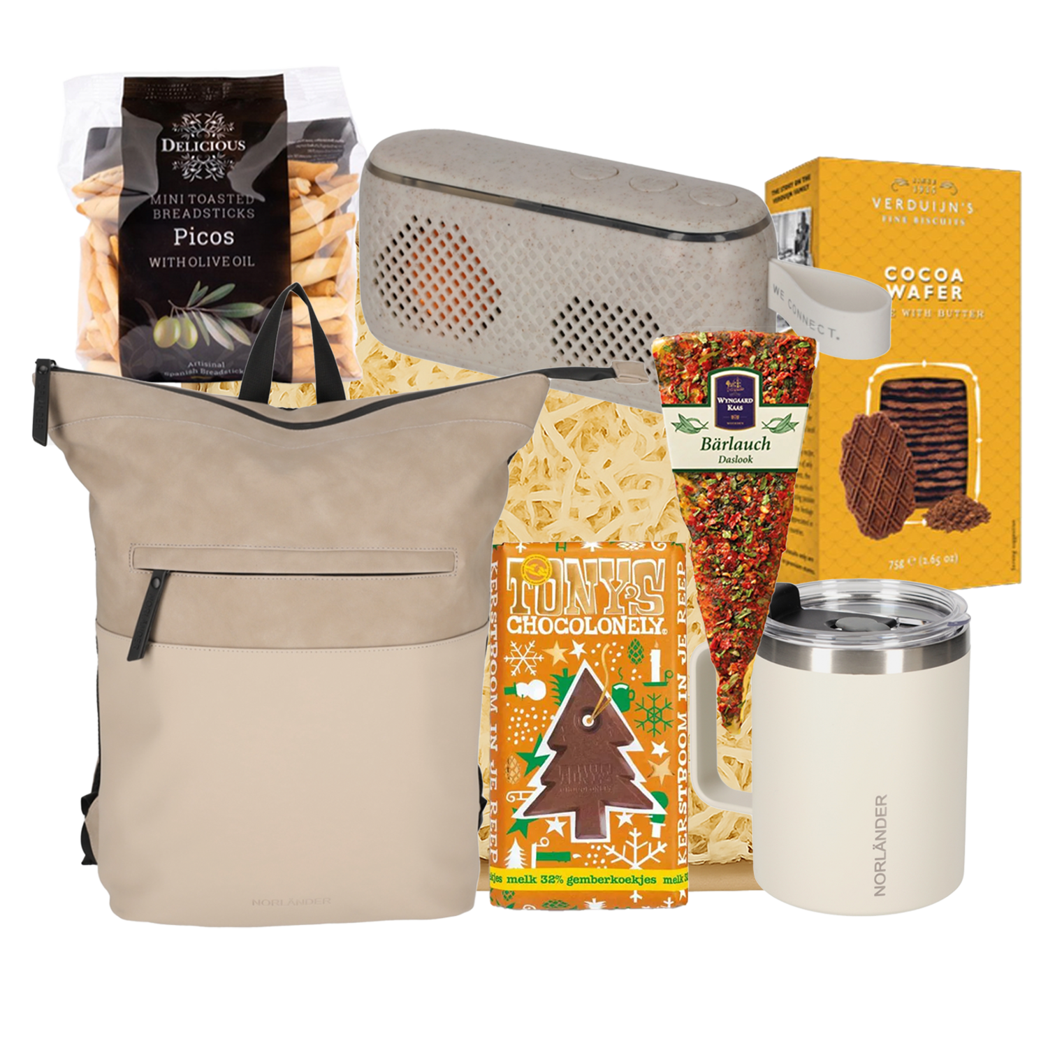 Modern kerstpakket voor onderweg met luxe snacks en handige gadgets