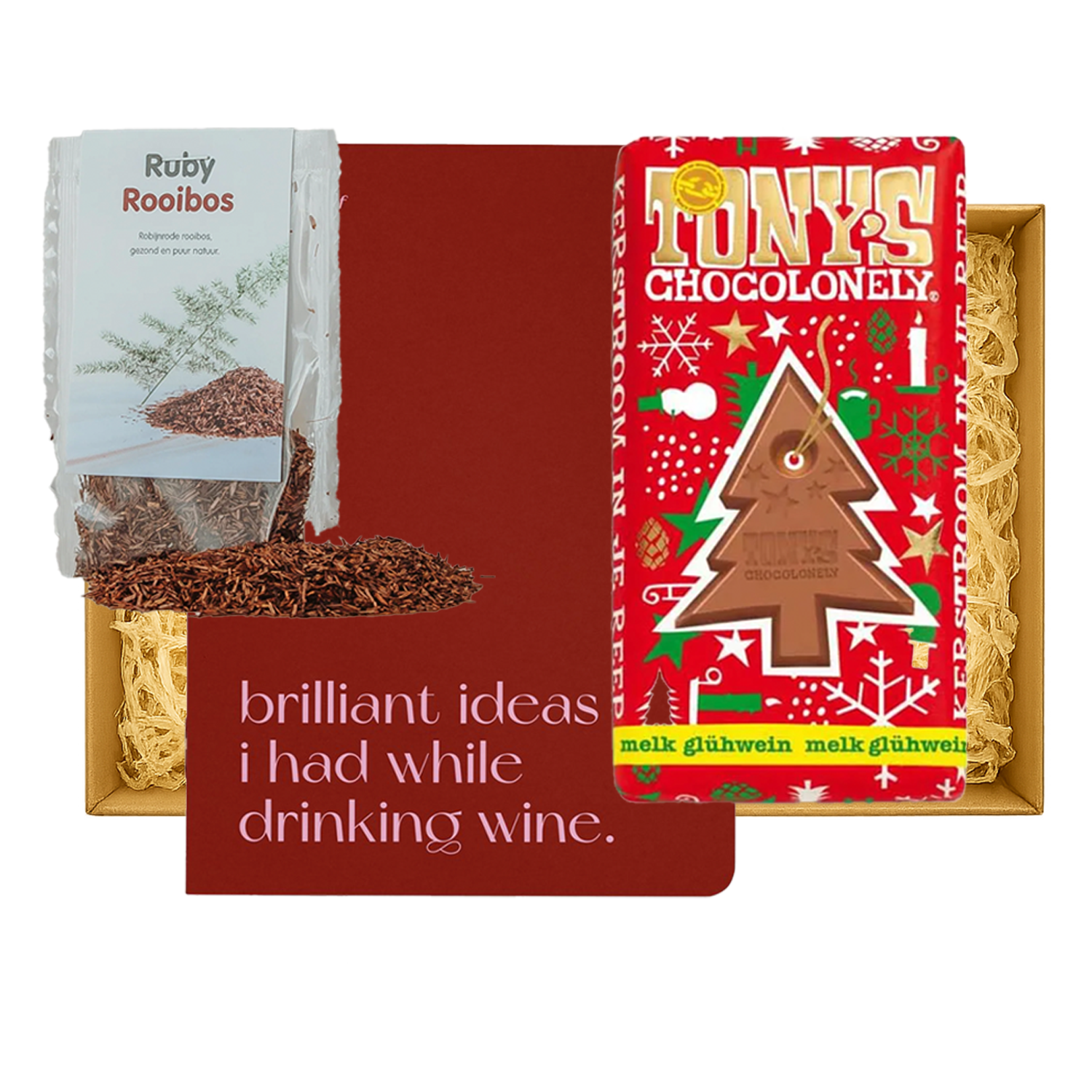 Brievenbus kerstcadeau met rooibosthee, Tony’s Chocolonely chocolade en notitieboek – Wine, Tea & Chocolate