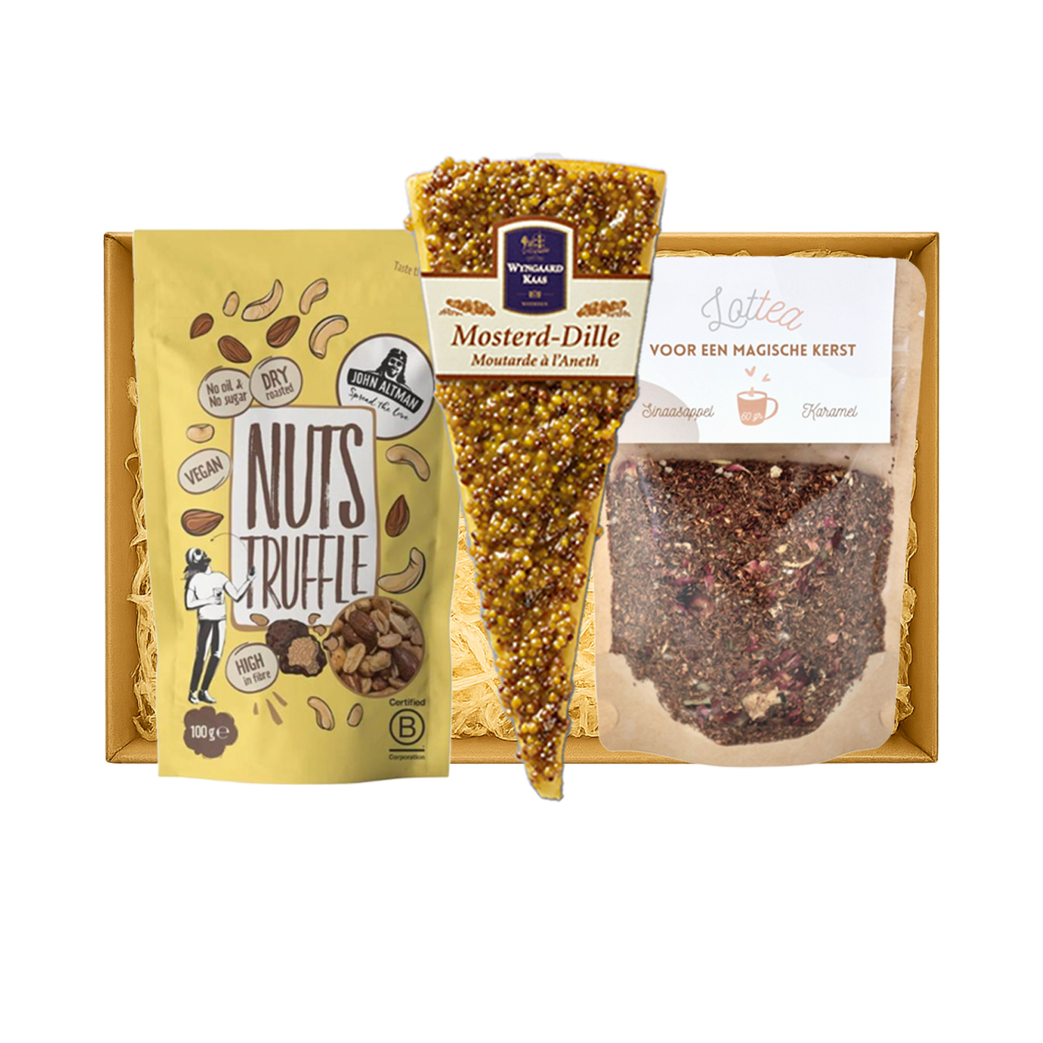 Brievenbus kerstpakket Cheers & Relax met truffelnoten, oude kaas en kerstthee