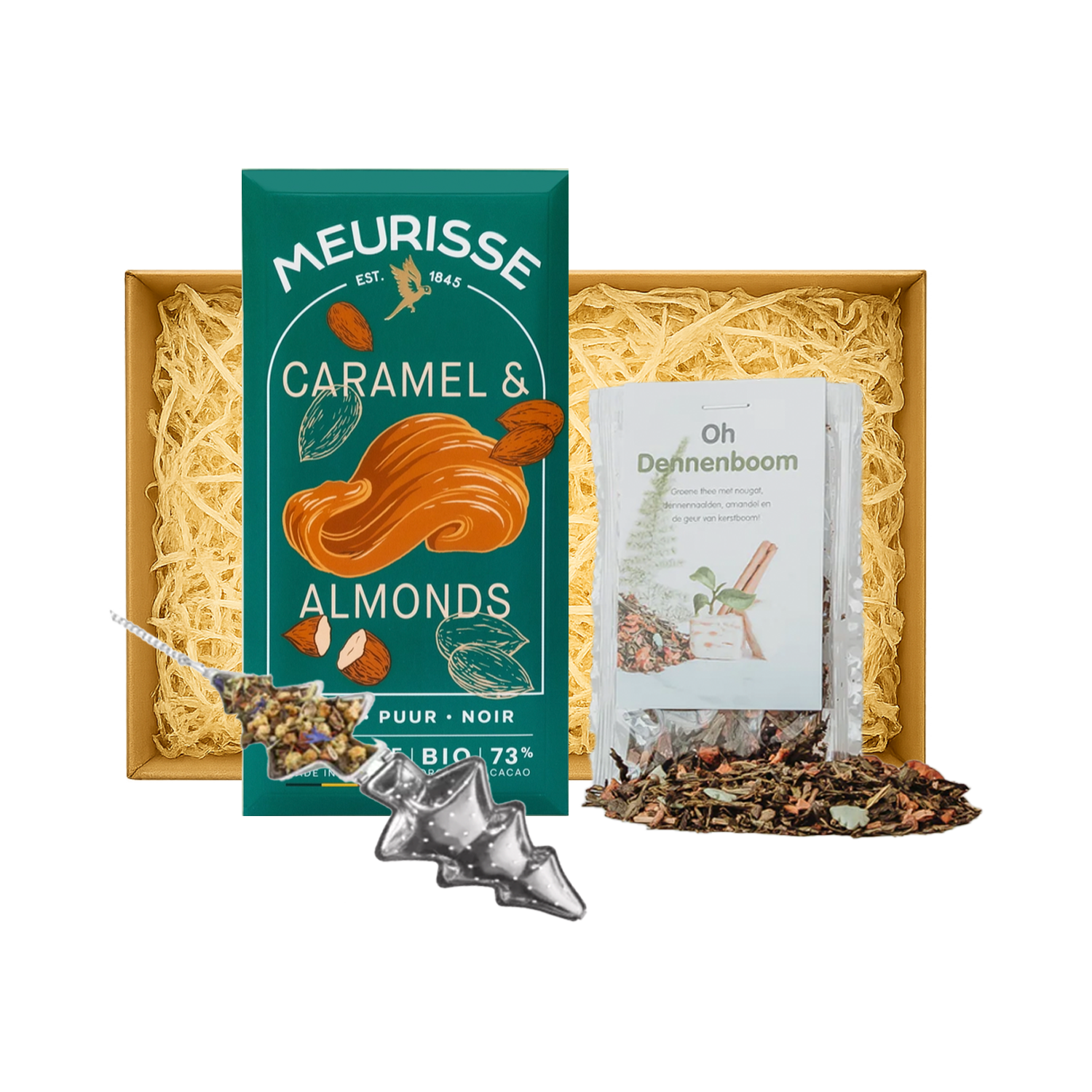 Brievenbus kerstpakket Warme Groet met pure chocolade, kerstthee en kerstboom-thee-infuser