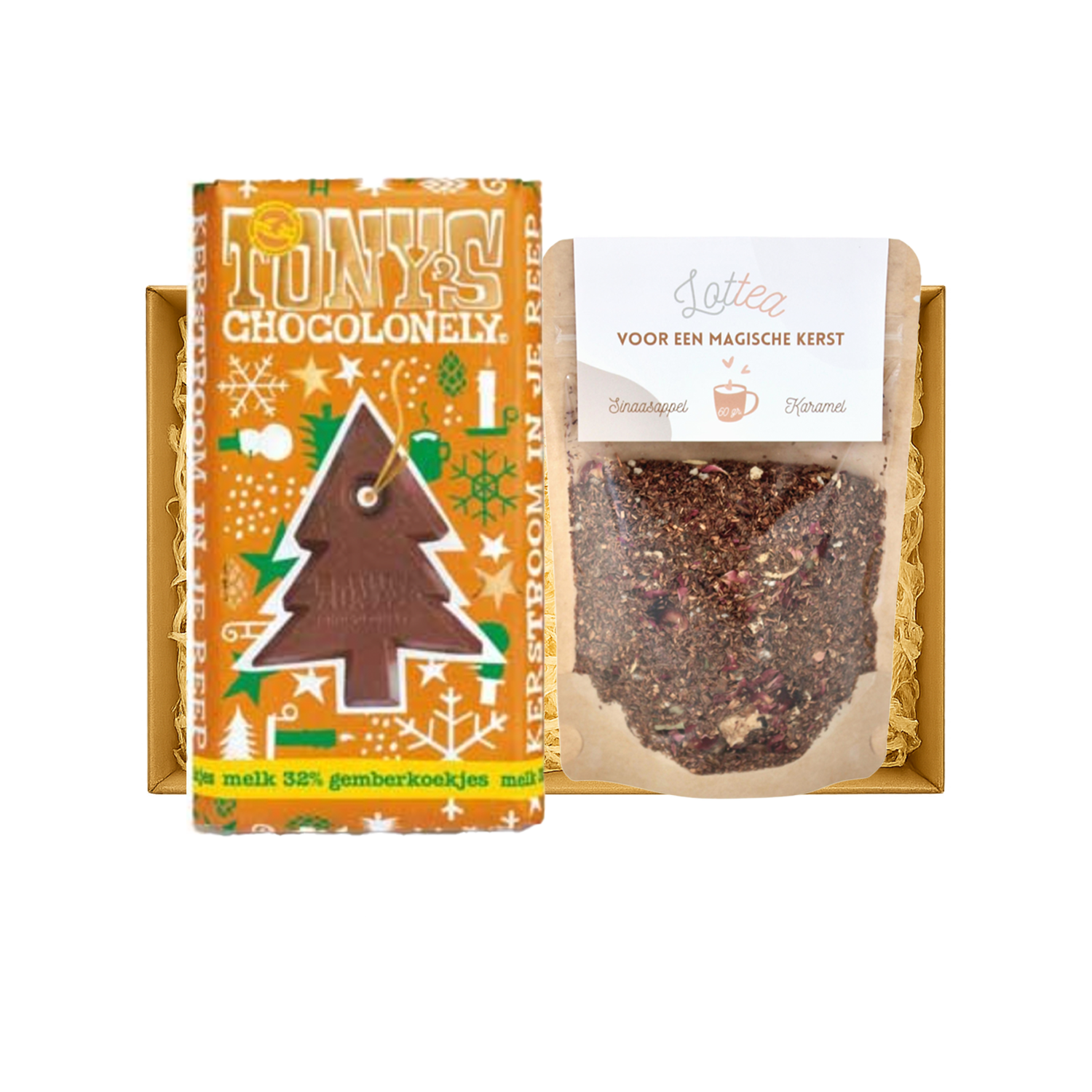 Kleine Kerstknipoog brievenbus kerstpakket met Tony’s Chocolonely kerstreep en losse kerstthee