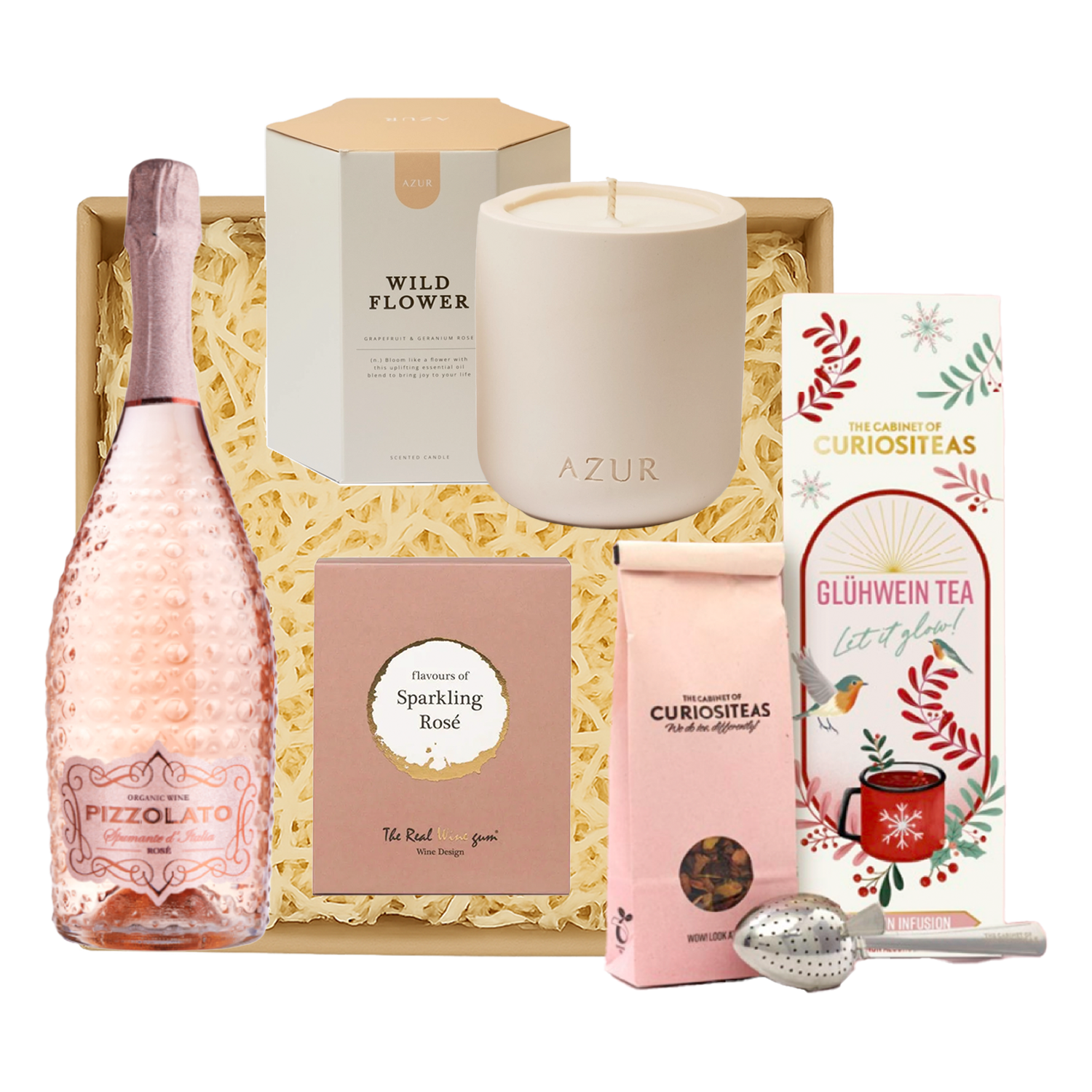 Luxe kerstcadeau met biolo
gische sparkling rosé en glühwein thee