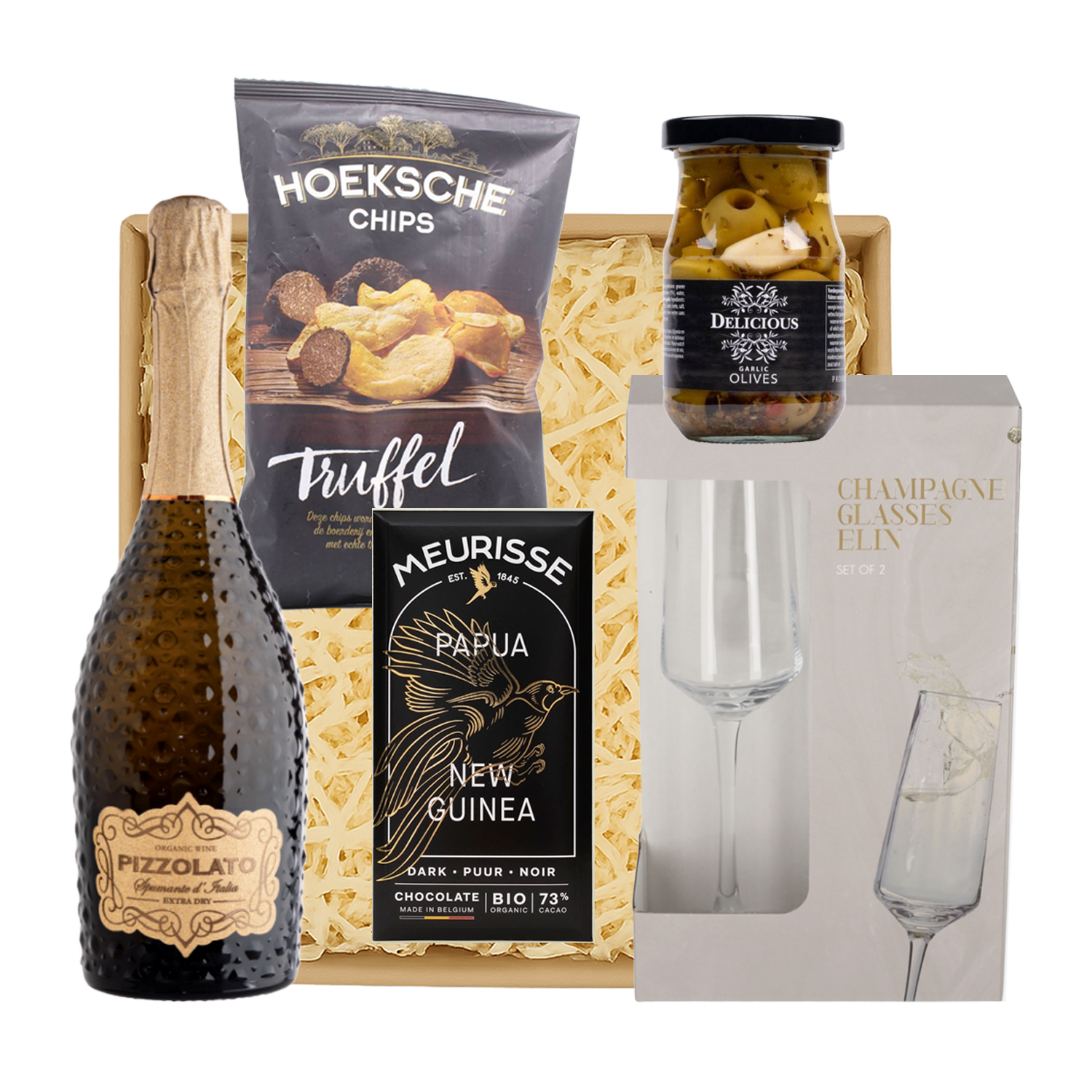 Luxe kerstpakket voor personeel met champagneglazen en biologische prosecco