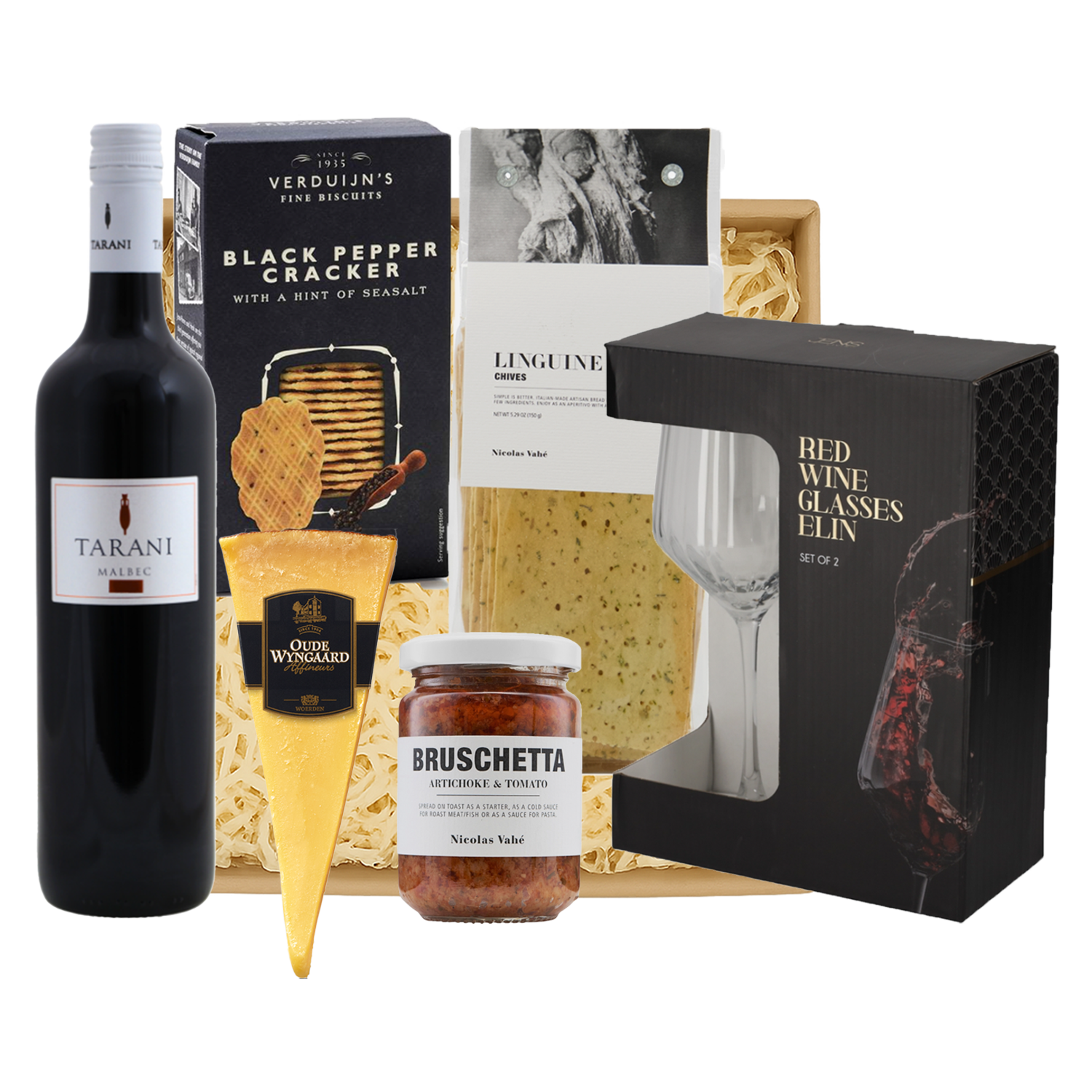 Kerstcadeau met Tarani Malbec, Nicolas Vahé producten en rode wijnglazen